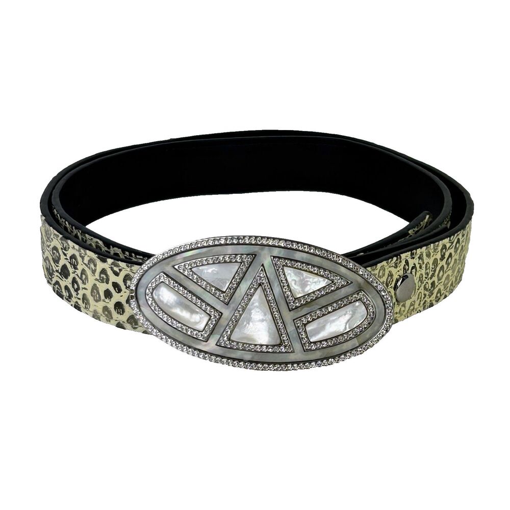 Cabi Snake Print Embossed Leather Belt Emblem Buckle w/Rhinestones Pearl Inlay M
